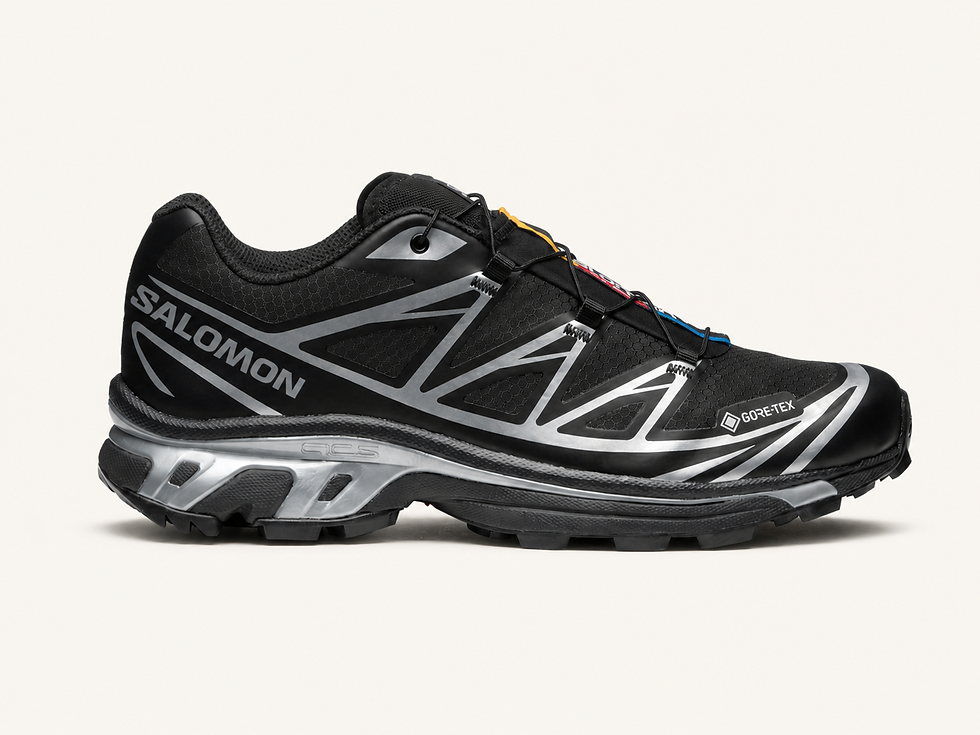 Salomon XT-6 GORE-TEX trainers, source-grounded AI 3D render on a cream product tile