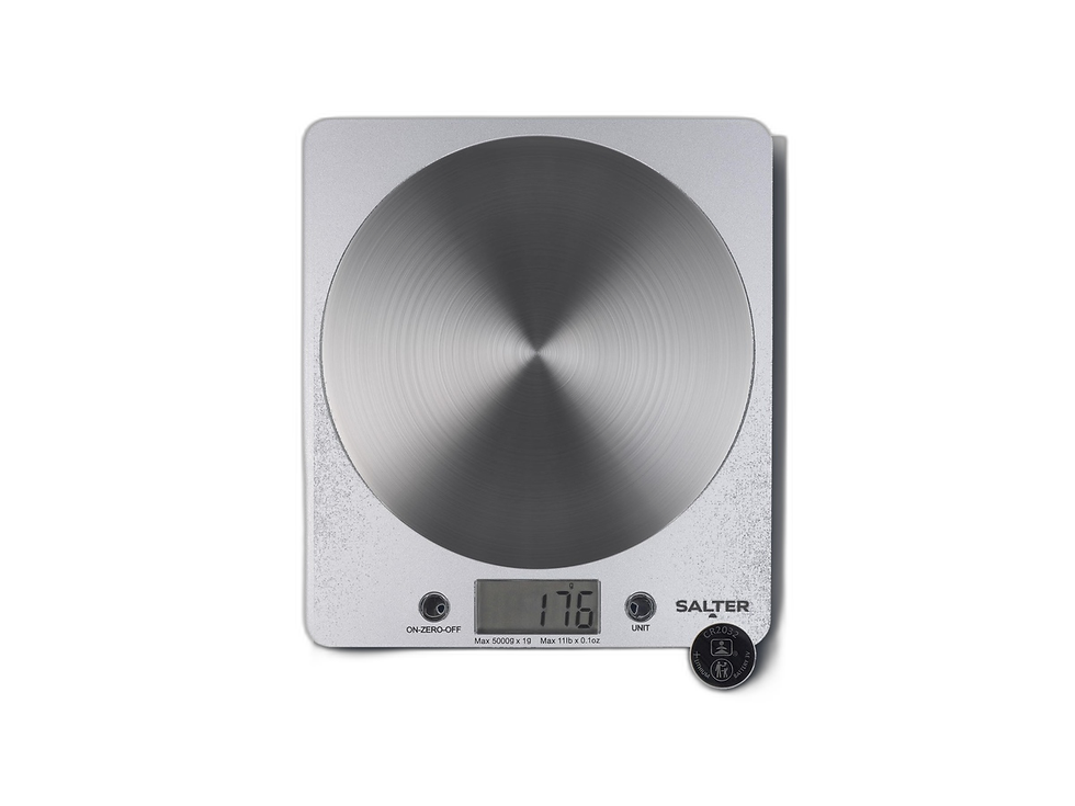Salter 1036 Disc Digital Kitchen Scale on a cream product tile