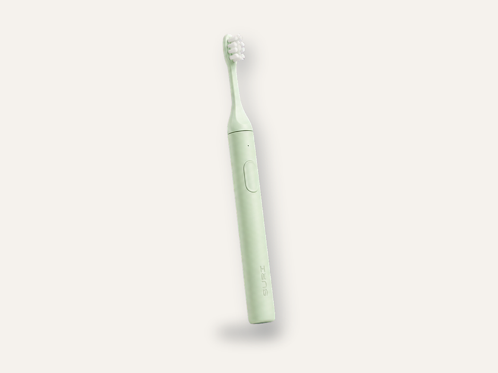 Minimal aluminium SURI 2.0 sonic toothbrush with slim brush head and matching UV-C travel case on a clean product tile
