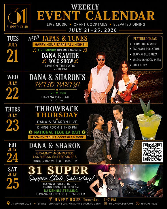 July 21, 22, 23, 24, 25 live music DJ happy hour celebration dinner steak and fresh seafo