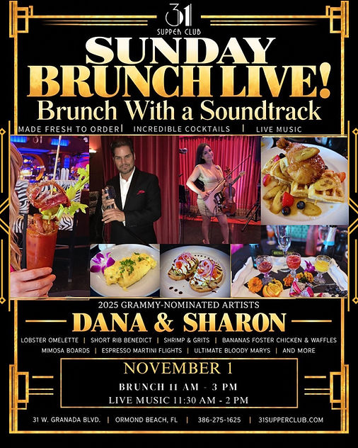November 1 Sunday Brunch Live Music Ormond Beach & Daytona fresh squeezed juices mimosas,