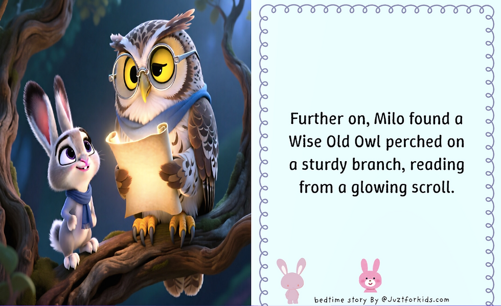 Thumbnail: Further on, Milo found a Wise Old Owl perched on a sturdy branch, reading from a glowing scroll.