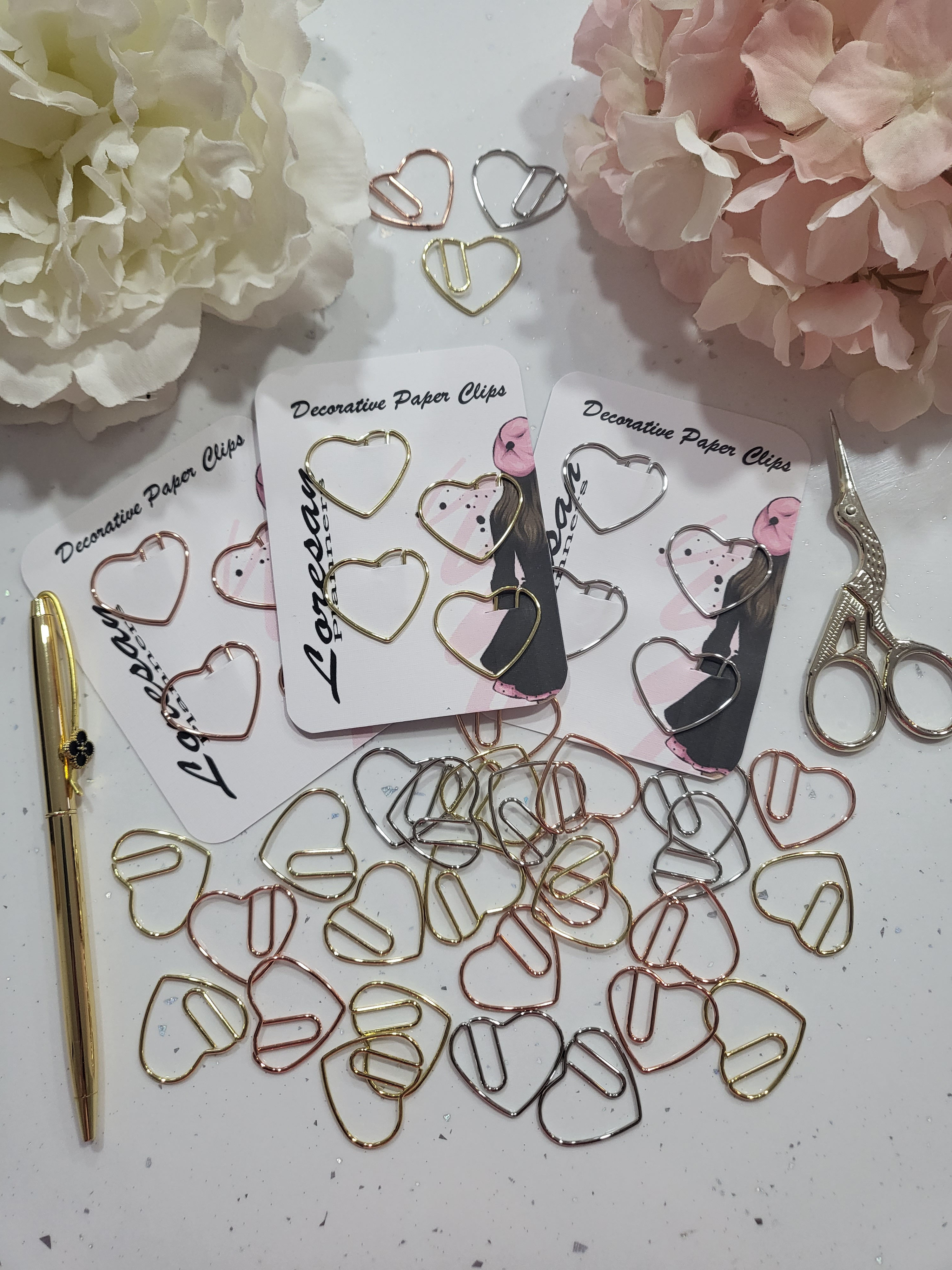 Heart Paper Clips; Gold, Rose Gold or Silver