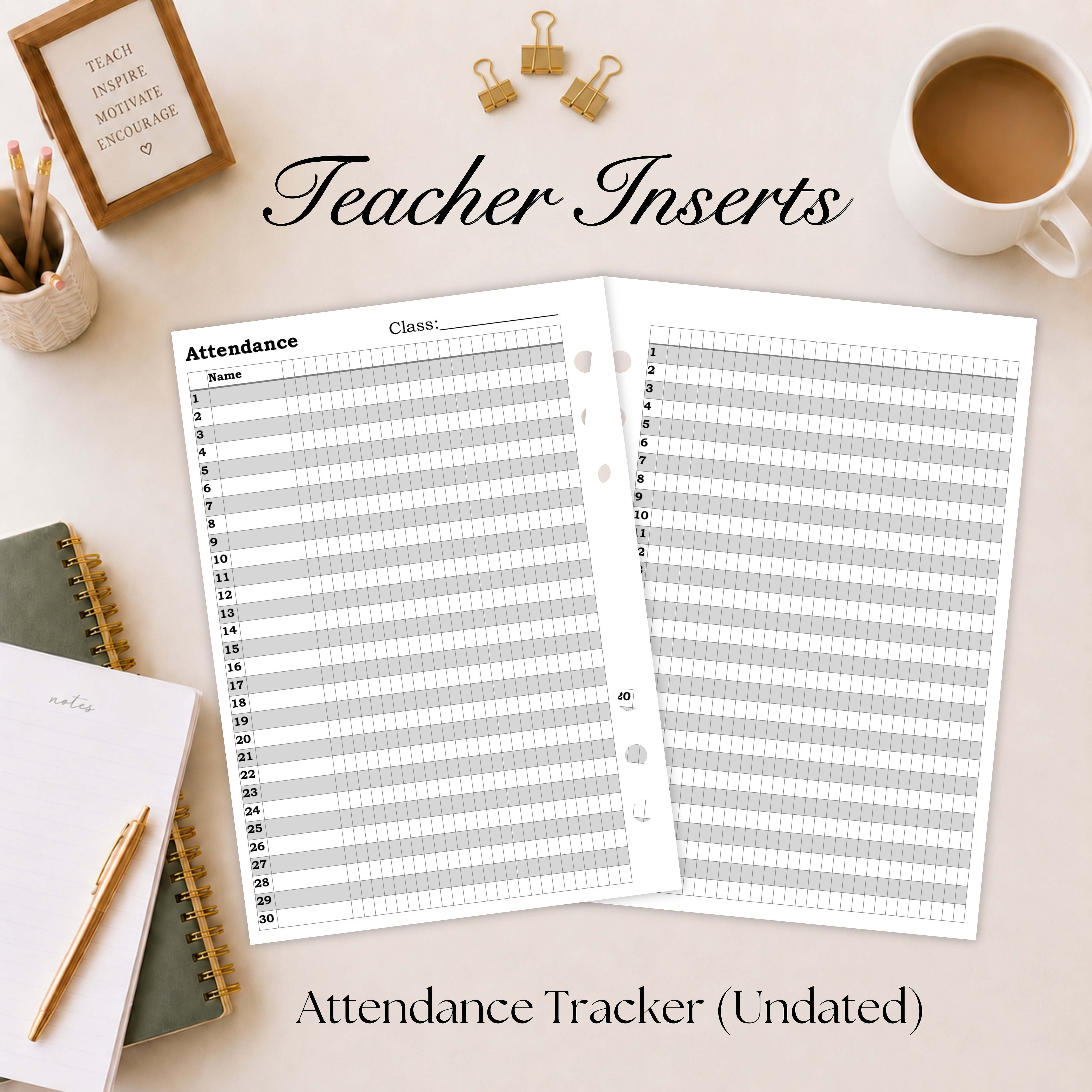Attendance Tracker undated ; A4/A5 Printed Teacher Insert (English or Gaeilg
