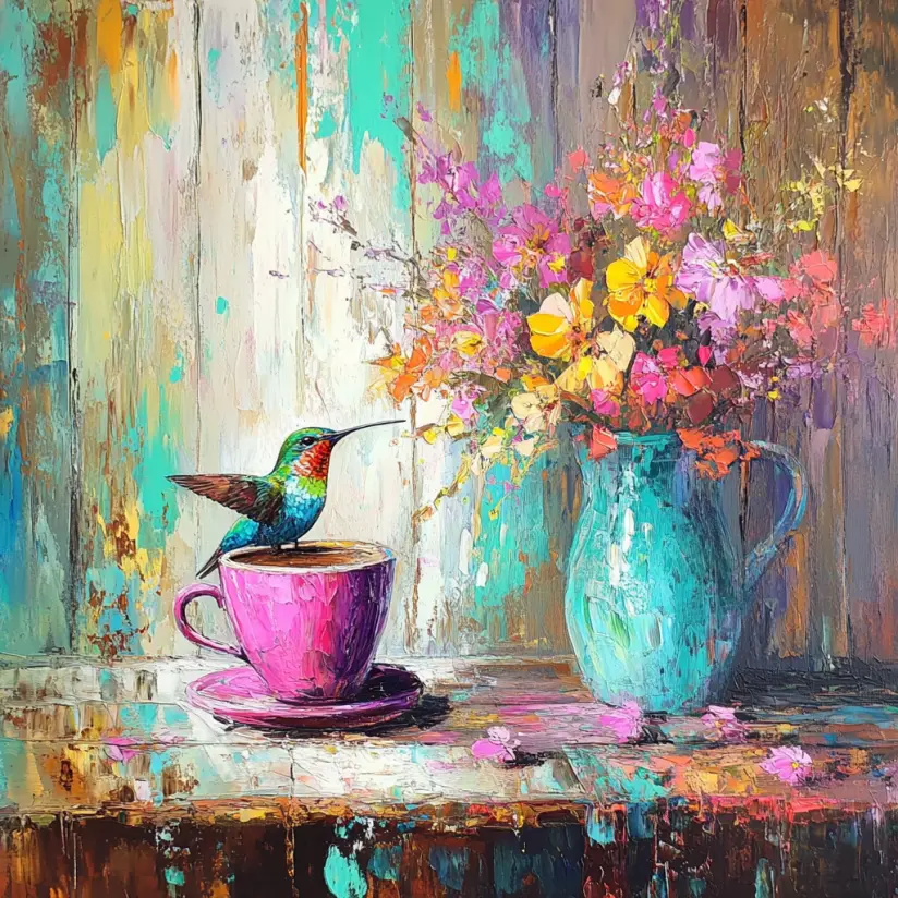 Graphic Digital Art, Hummingbird, Hummingbirds, Coffee, Flowers, Country