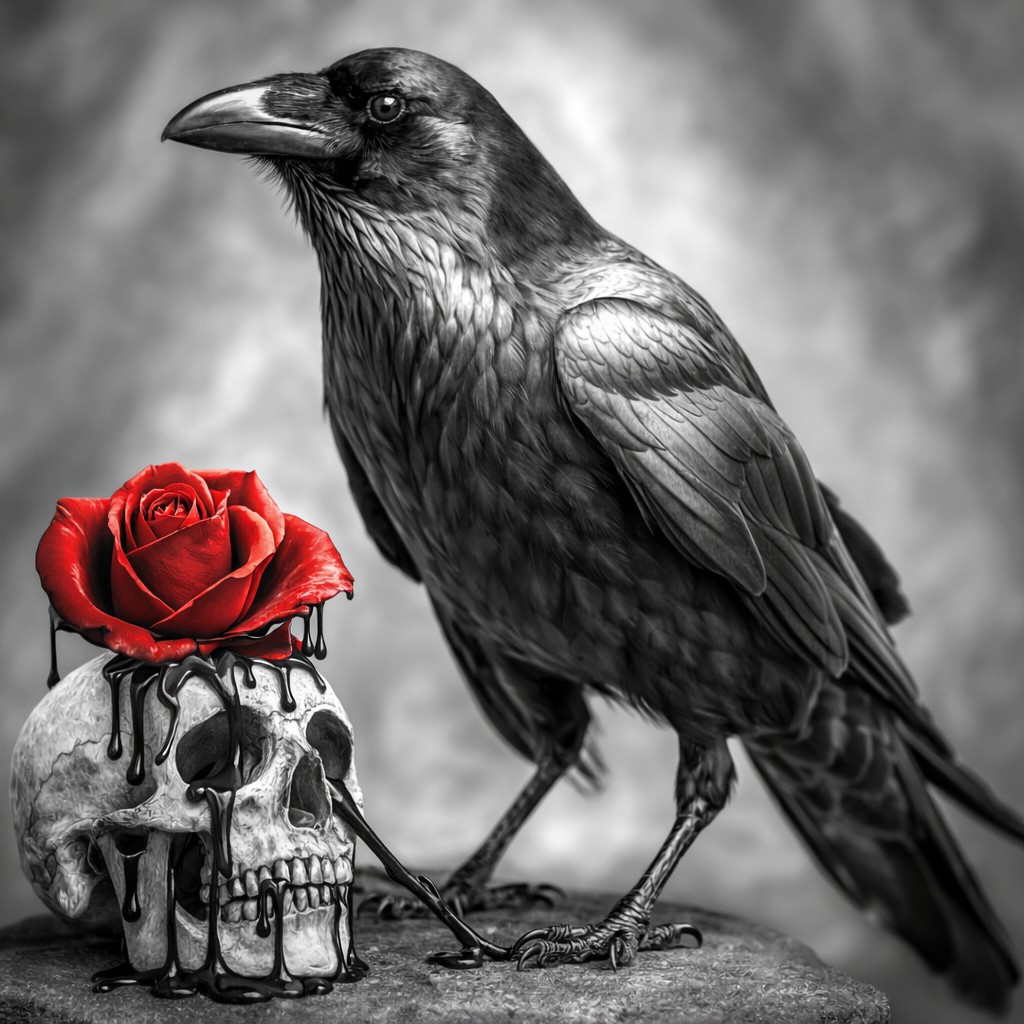 Graphic Digital Art, Birds, Bird, Bird, Crow, Raven, Blackbird, Skeleton, Rose
