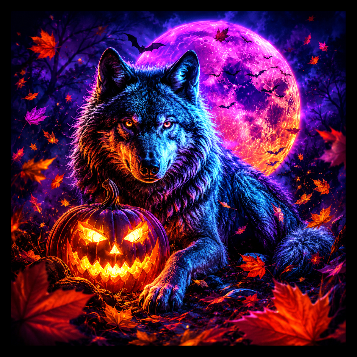 Wolf Wall Art | Vintage Wolf Halloween Autumn Pumpkin Fall Wolves Print