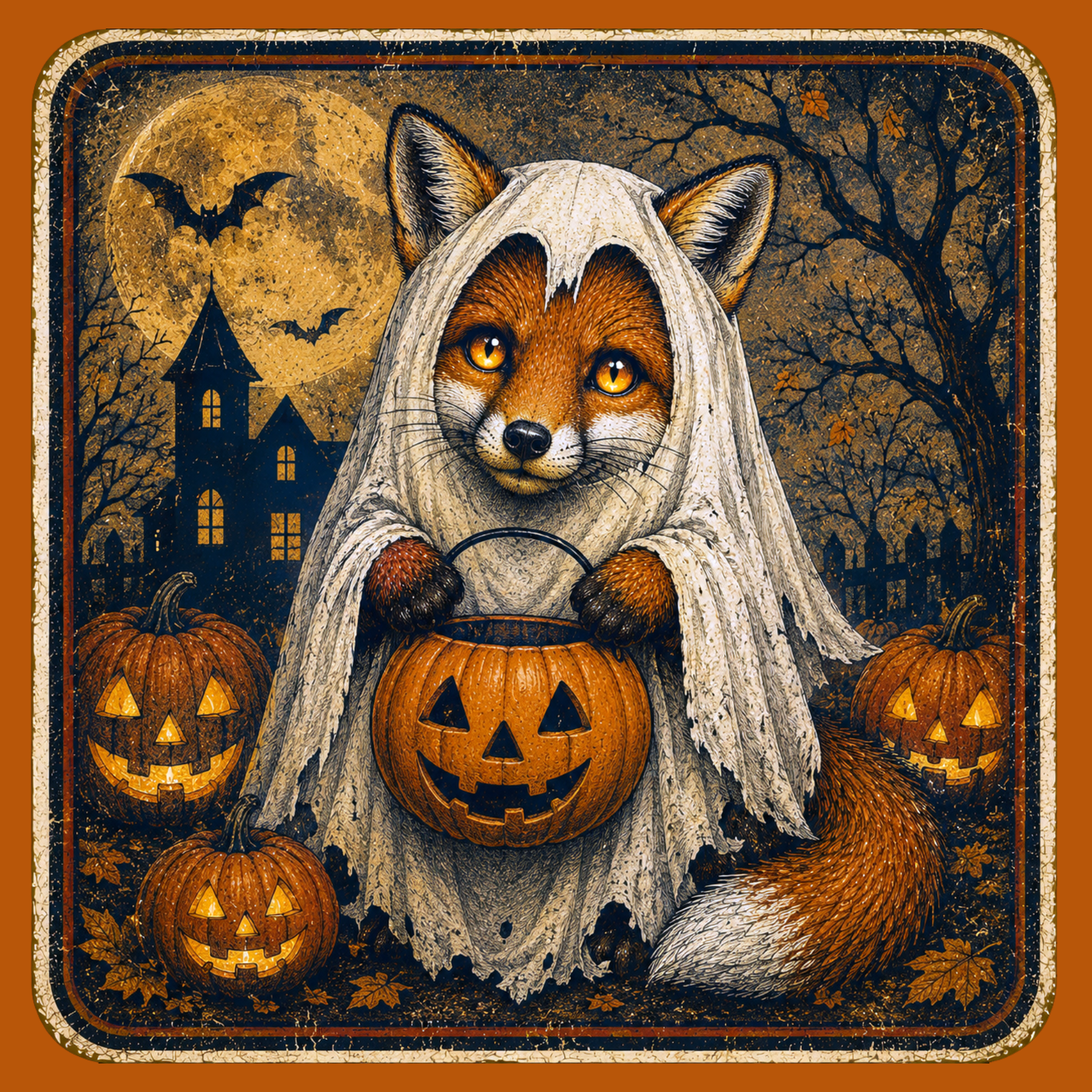 Halloween Fox Wall Art | Vintage Retro Red Fox Halloween Costume Ghost Decor