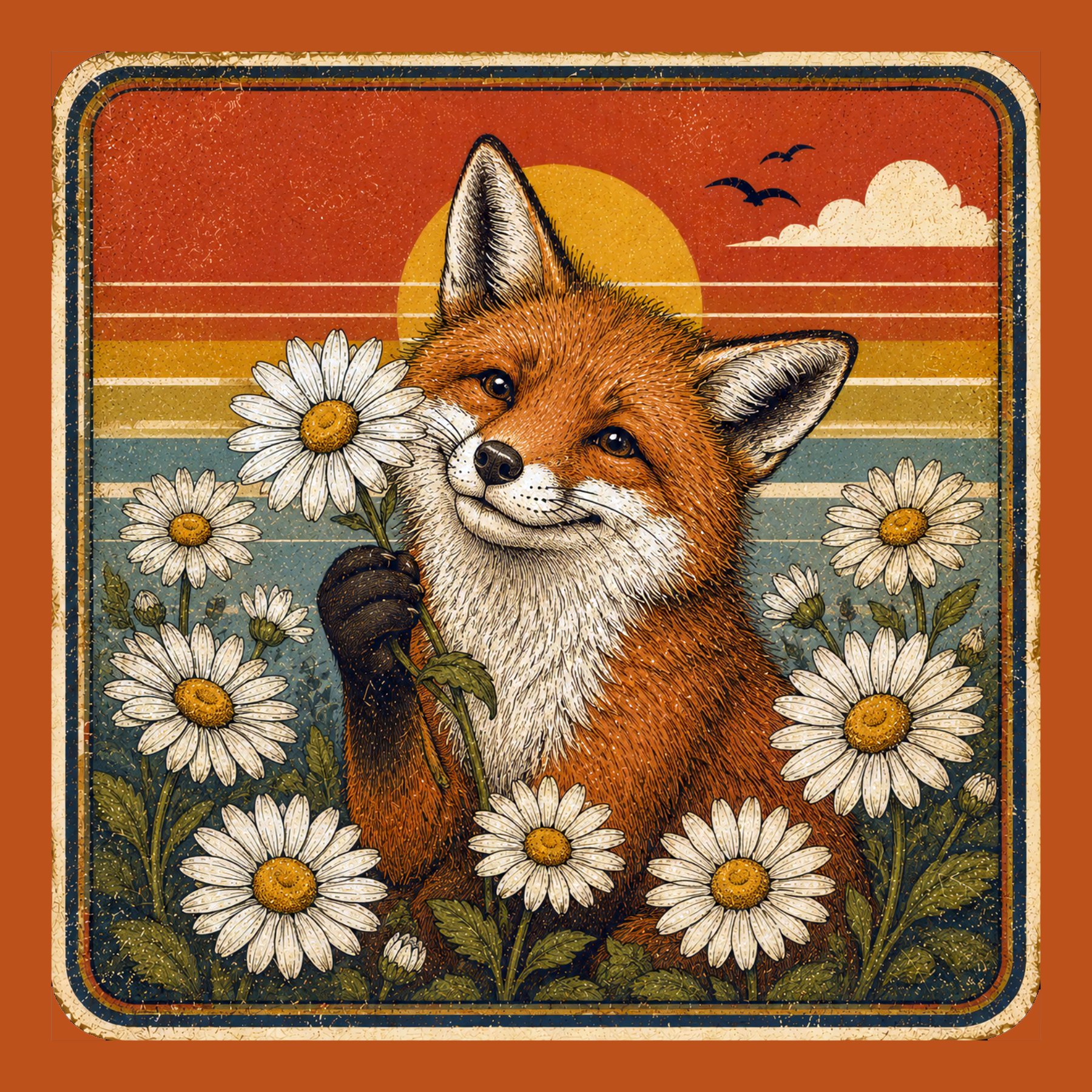 Red Fox Wall Art | Vintage Animal Print | Cozy Cabin Home Decor Daisy Daisies