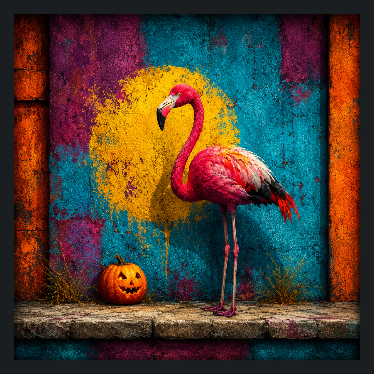 Flamingo Wall Art | Vintage Tropical Bird Print | Pink Decor Halloween Pumpkin
