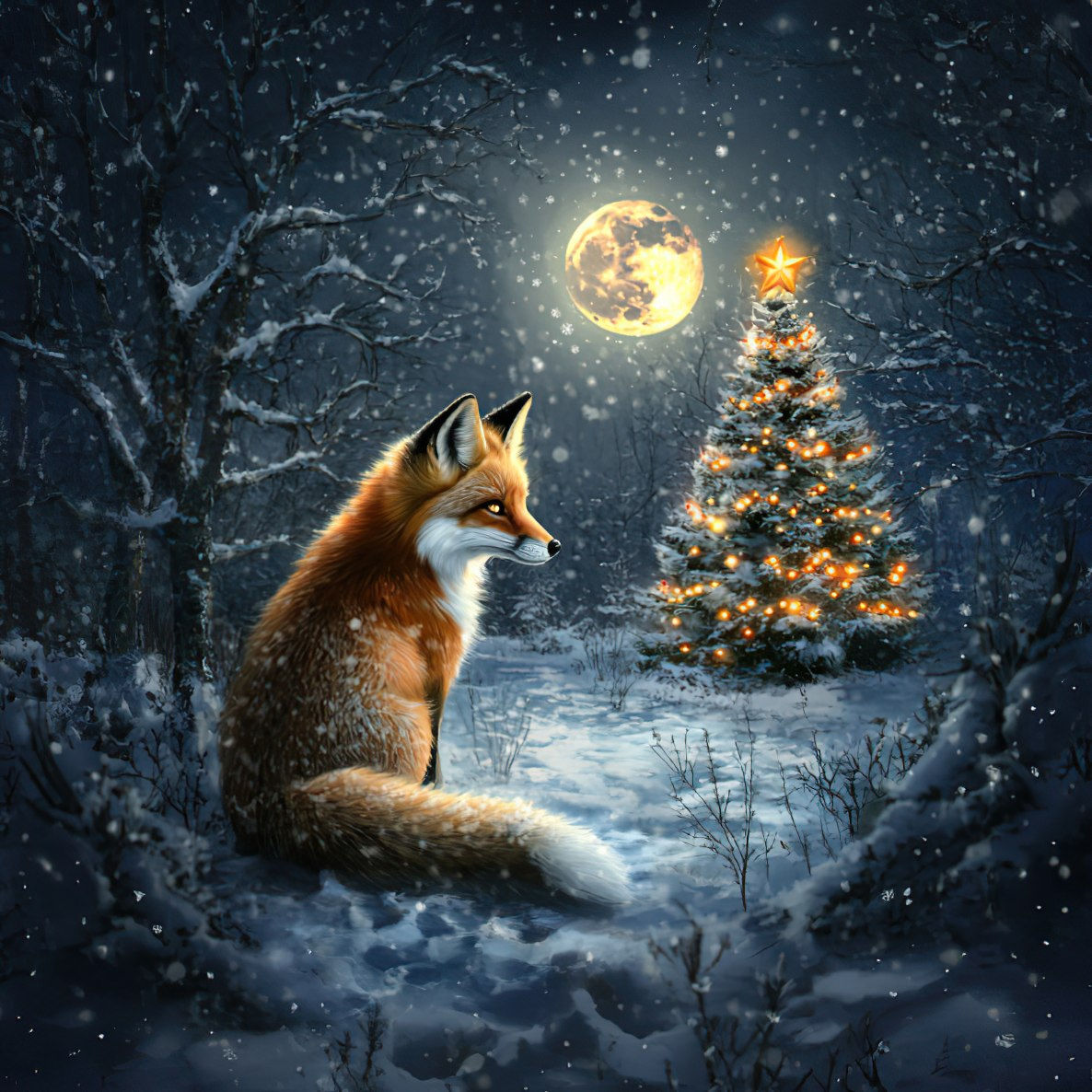 Graphic Digital Art, Woodland, Red Fox, Foxes,, Woodland, Moon,Christmas Fox