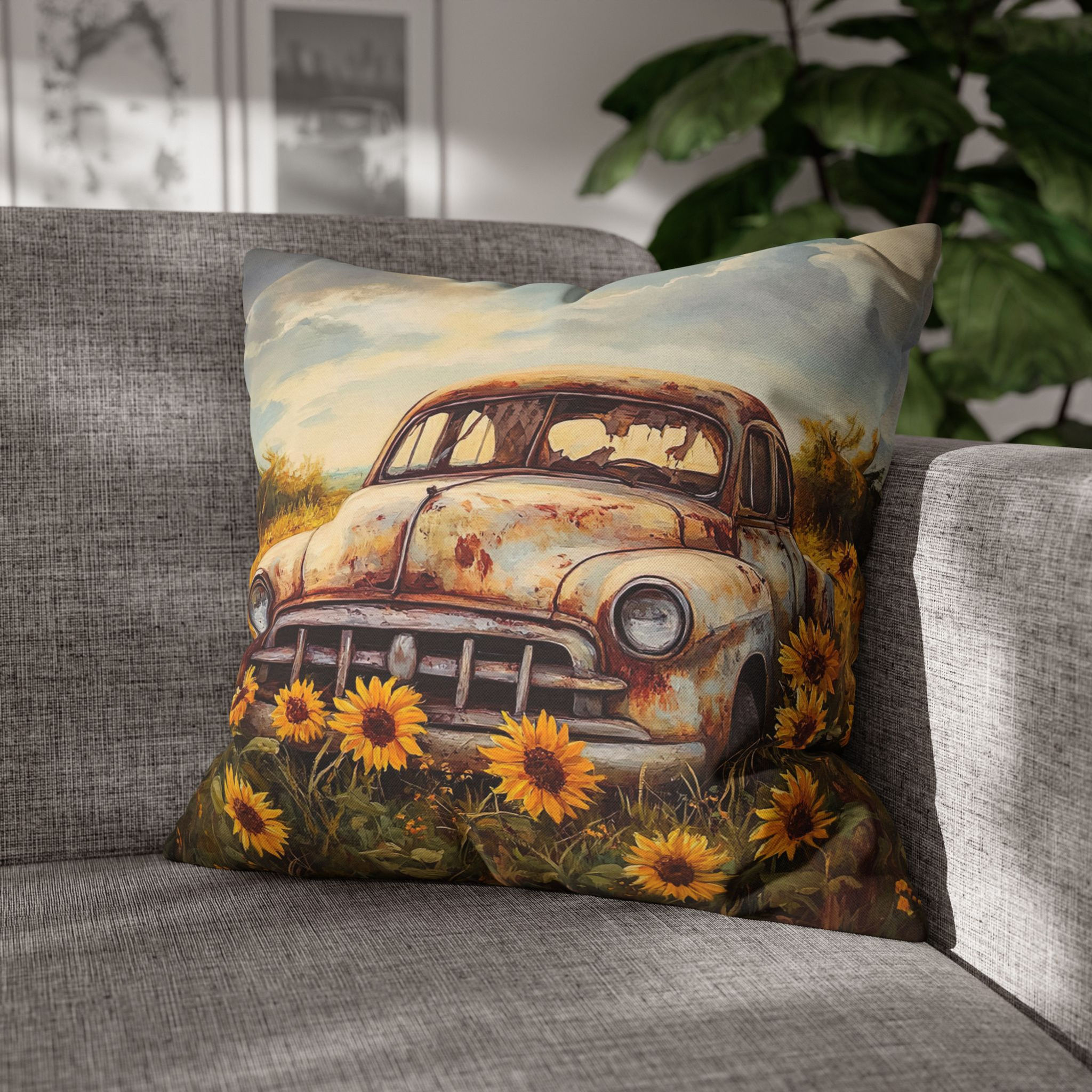 Decorative Art Pillow Modern Home Décor, Art Pillows, Flowers, Vintage Car