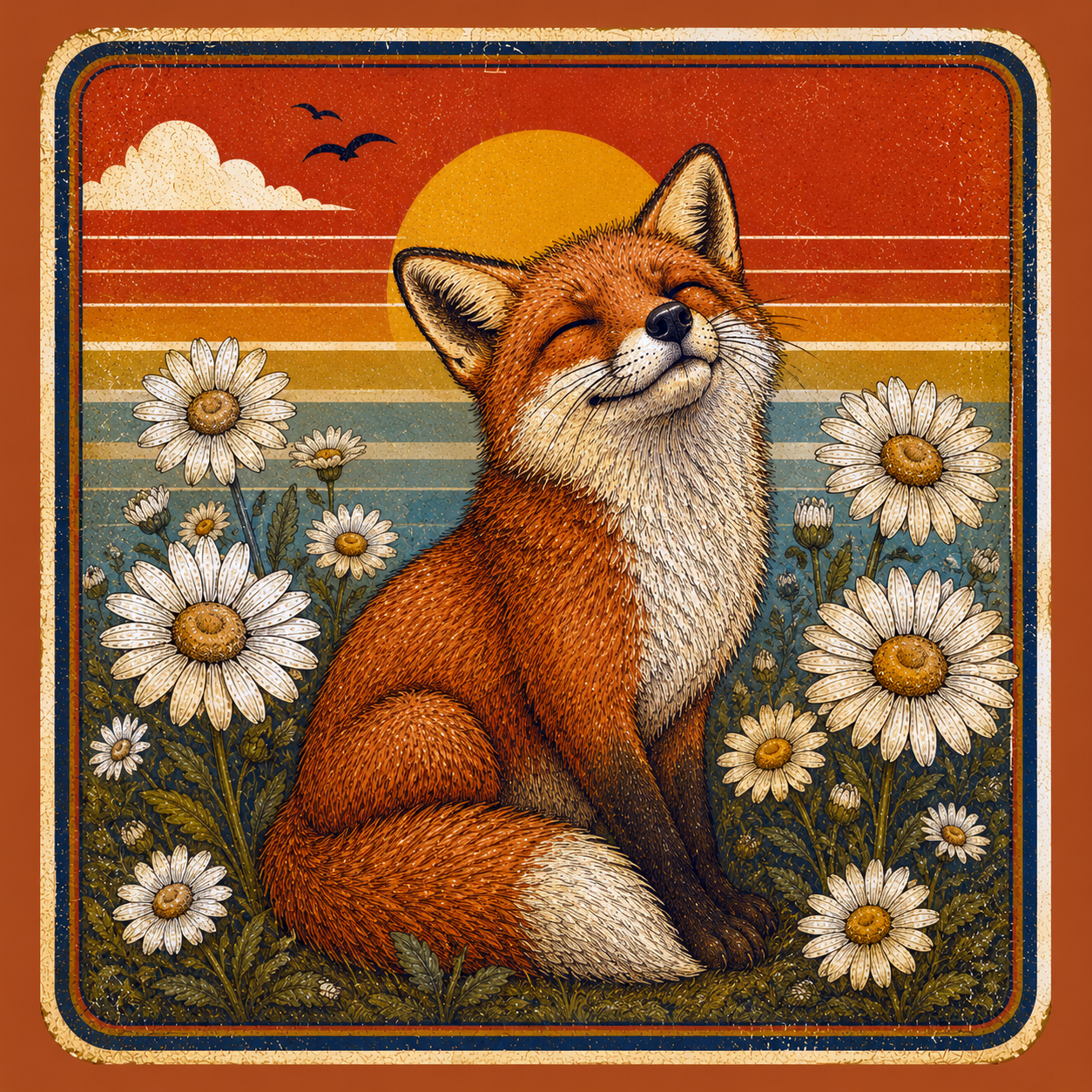 Red Fox Wall Art | Vintage Animal Print | Cozy Cabin Home Decor Daisy Daisies