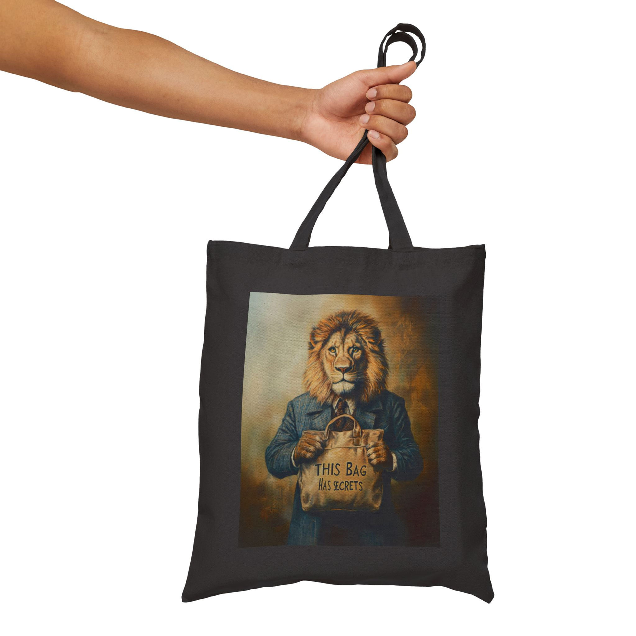 Lion "This Bag Has Secrets" Black/Natural 15"x16" Tote Bag