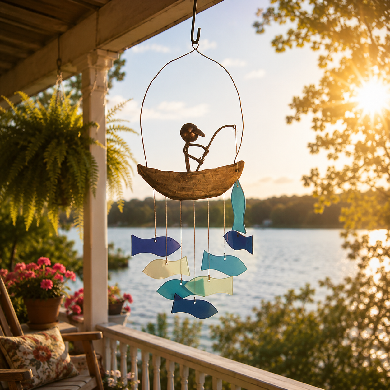 Fisherman Glass Wind Chimes – Handcrafted Outdoor Decor Gift for Fishing Lovers