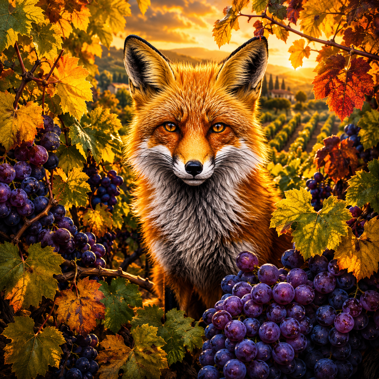 Red Fox Wall Art | Vintage Animal Print | Cozy Home Decor Vineyard Grapes