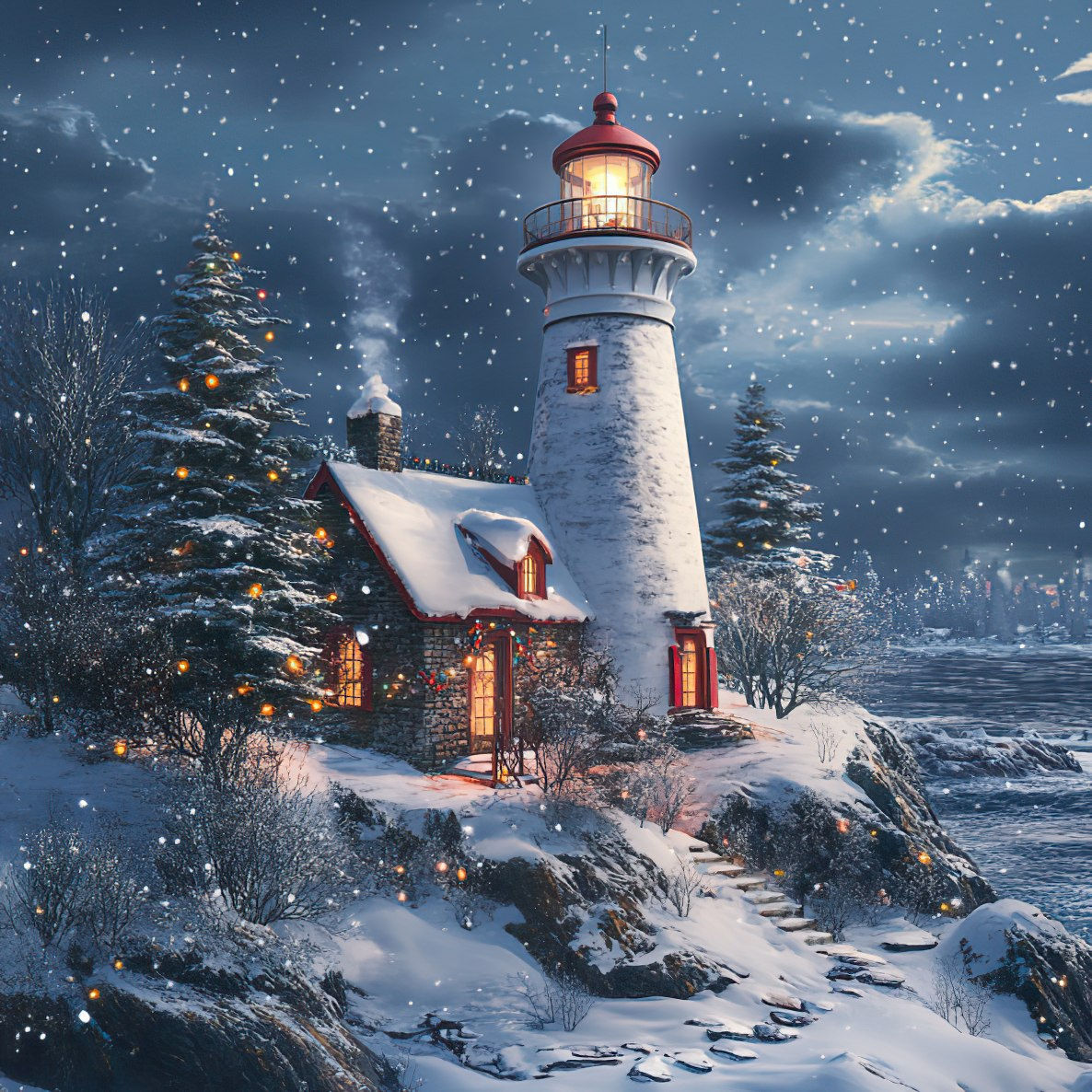 Graphic Digital Art, Christmas, Christmas Lighthouse, Lighthouse, Snow