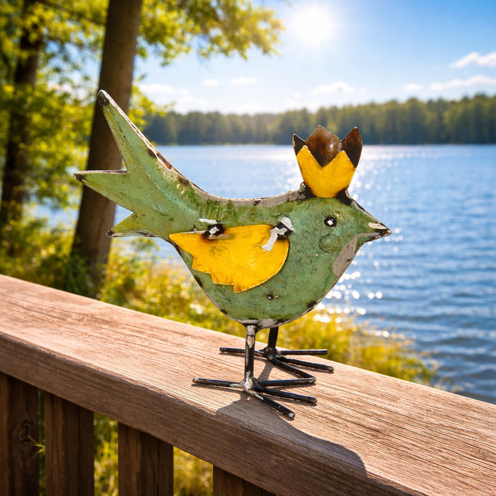 Recycled Metal Birds -8" Green Crown Bird