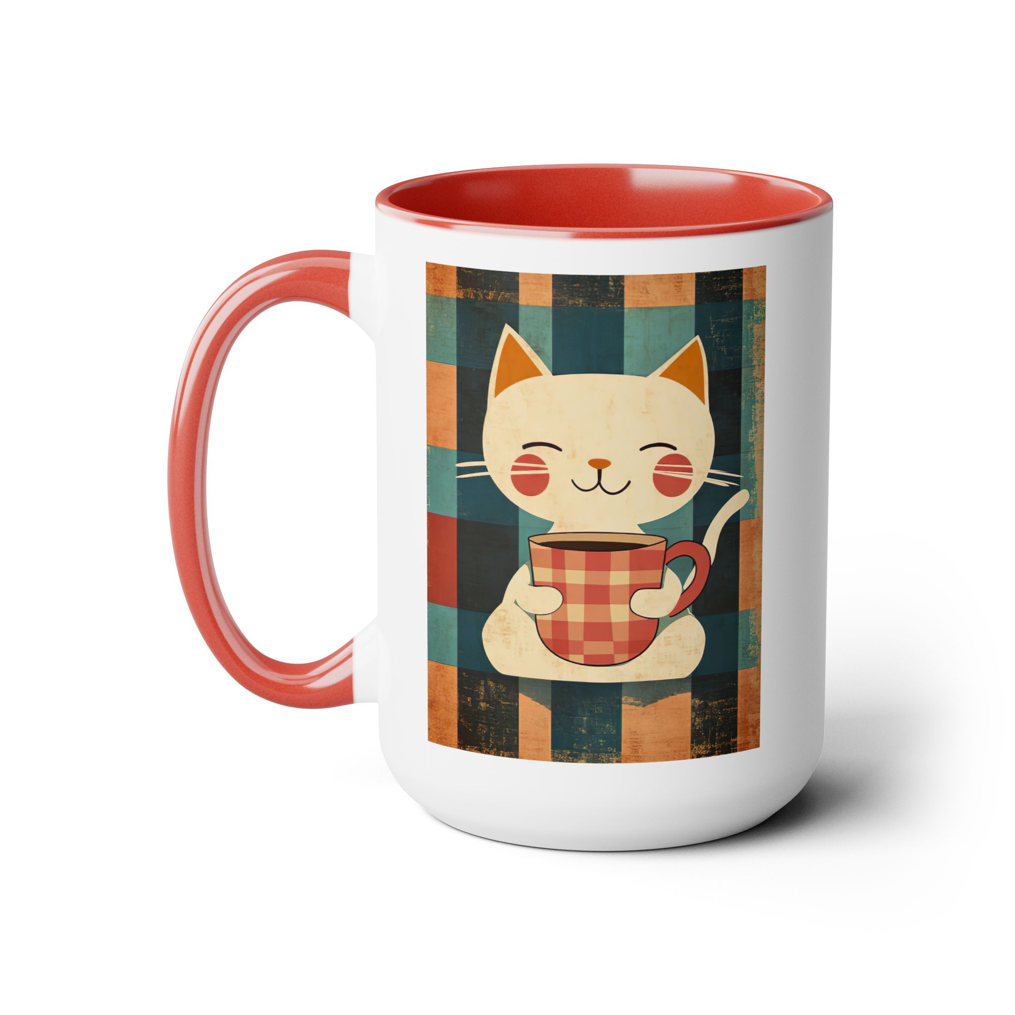 Coffee Mugs Tumblers, Dishwash Microwave Safe, Cat, Plaid, Coffee, V