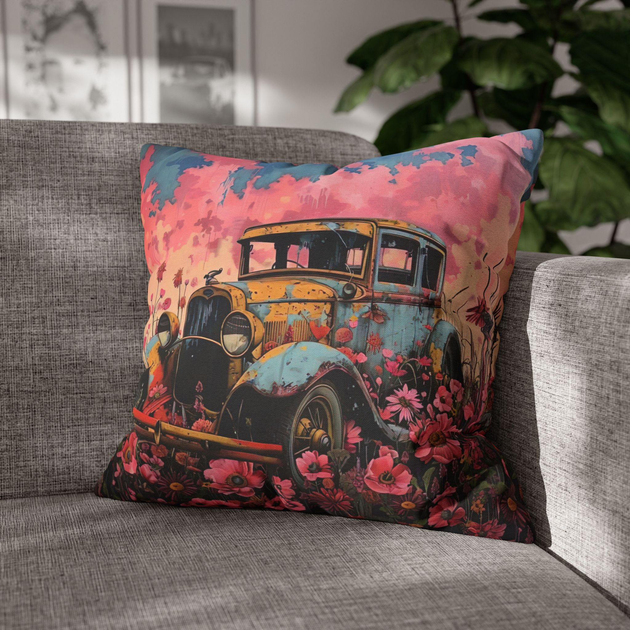 Decorative Art Pillow Modern Home Décor, Art Pillows, Flowers, Vintage Truck