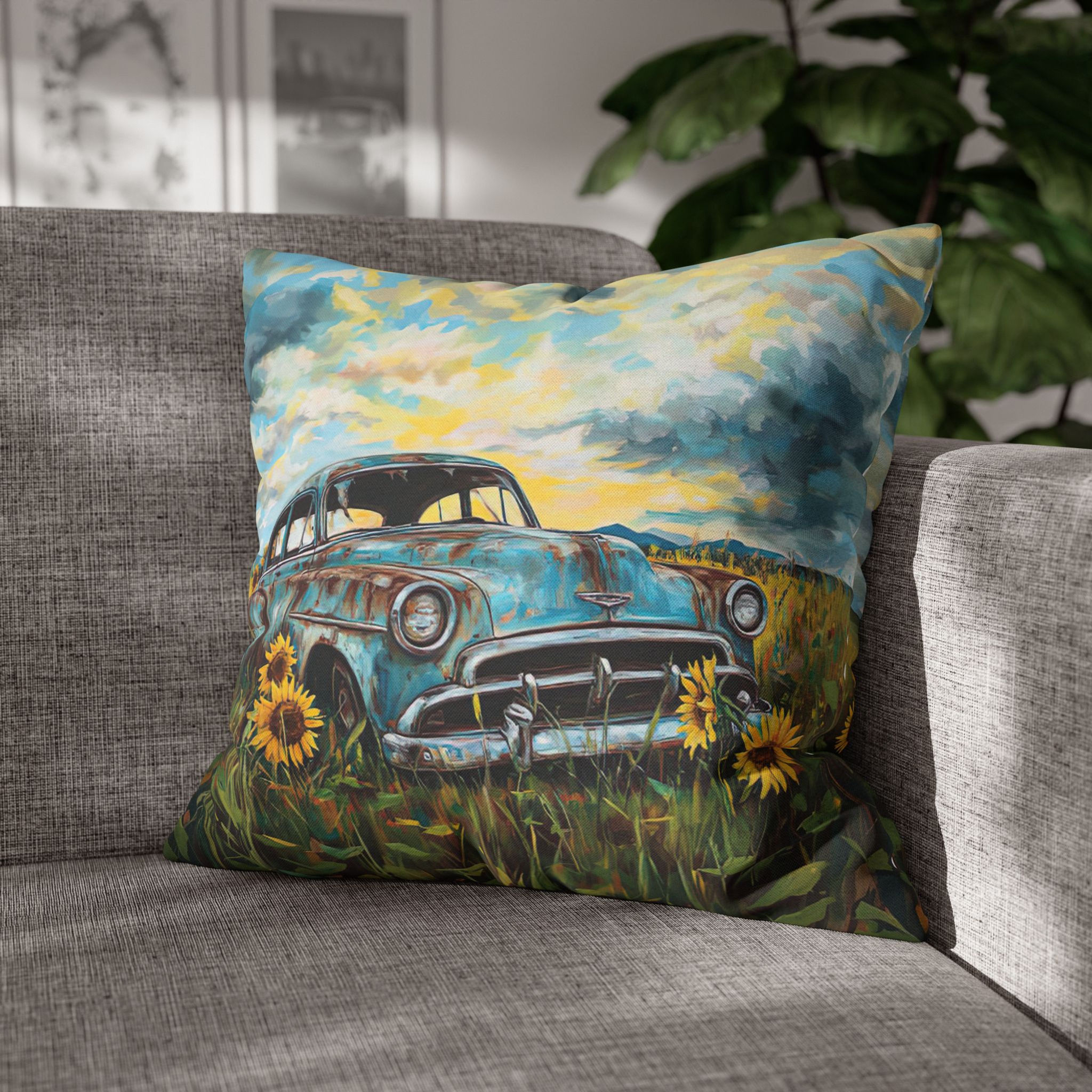 Decorative Art Pillow Modern Home Décor, Art Pillows, Flowers, Vintage Car