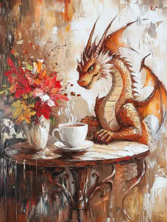 Graphic Digital Art, Dragon, Funny Dragon, Dragon And Coffee