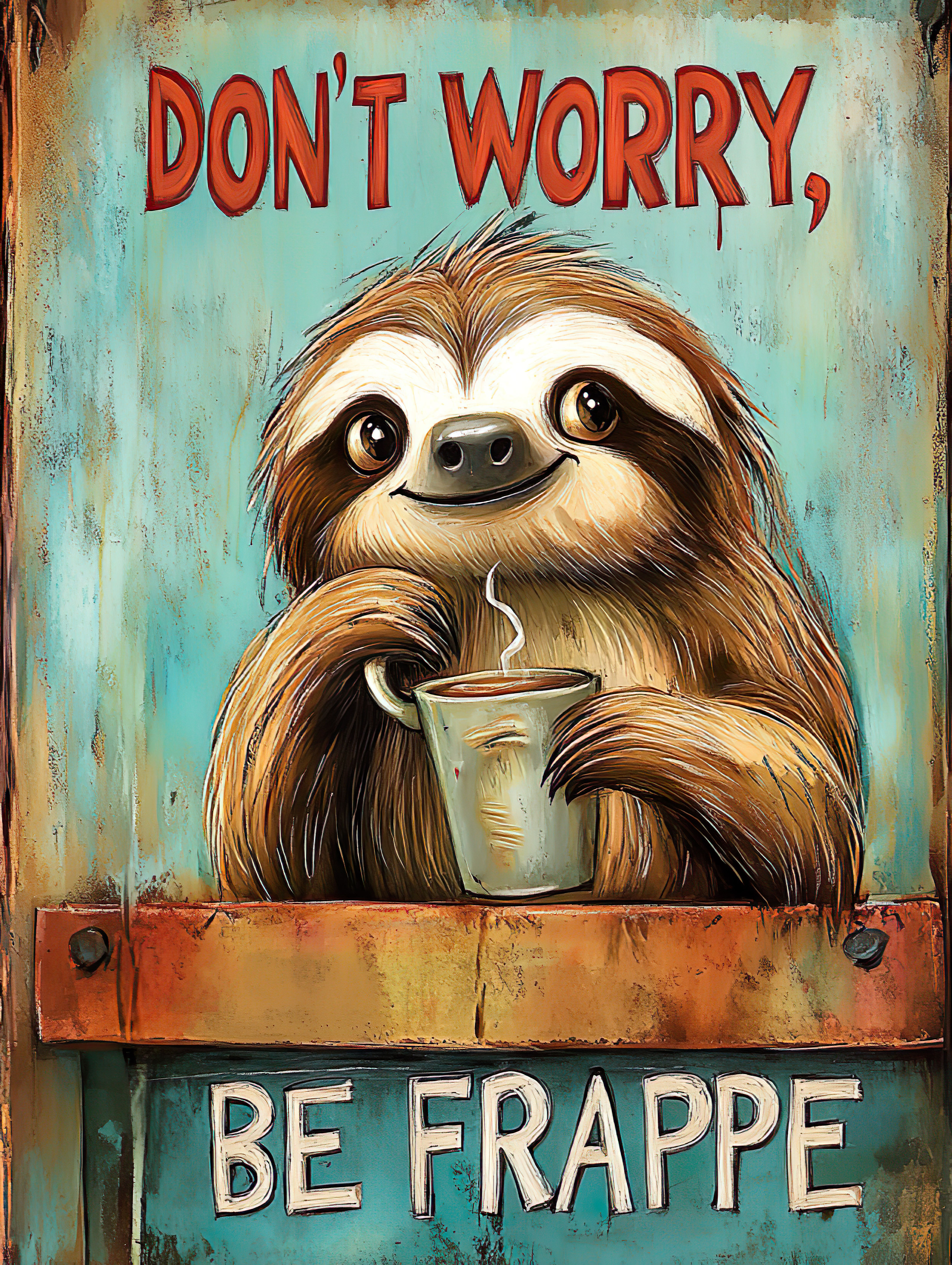 Graphic Digital, Coffee, Funny Coffee, Sloth, Funny Sloth, Don't Worry Be Frappe