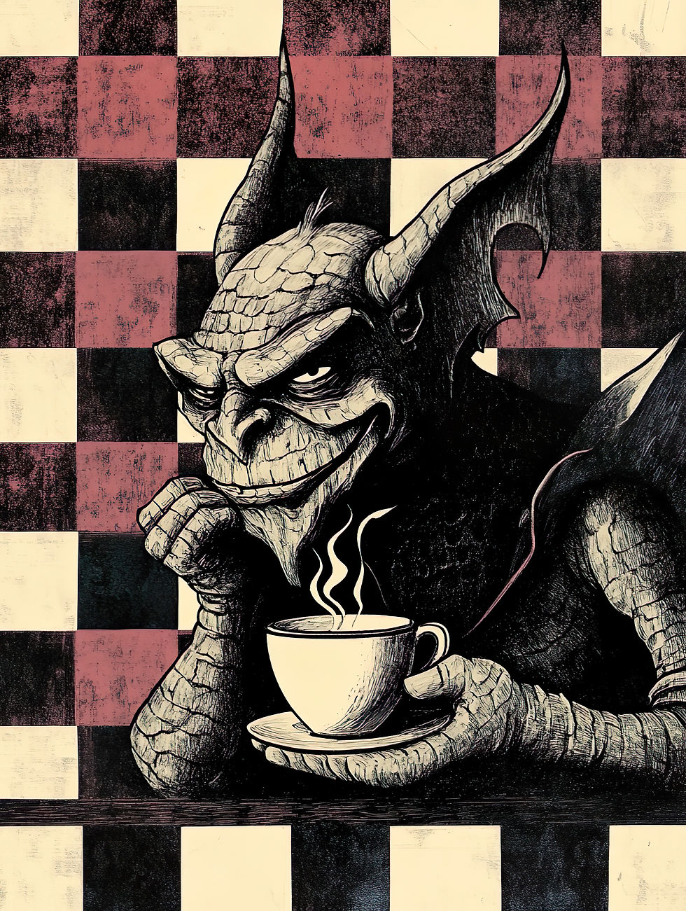 Graphic Digital Art, Gargoyle, Gargoyle And Coffee, Coffee, Plaid