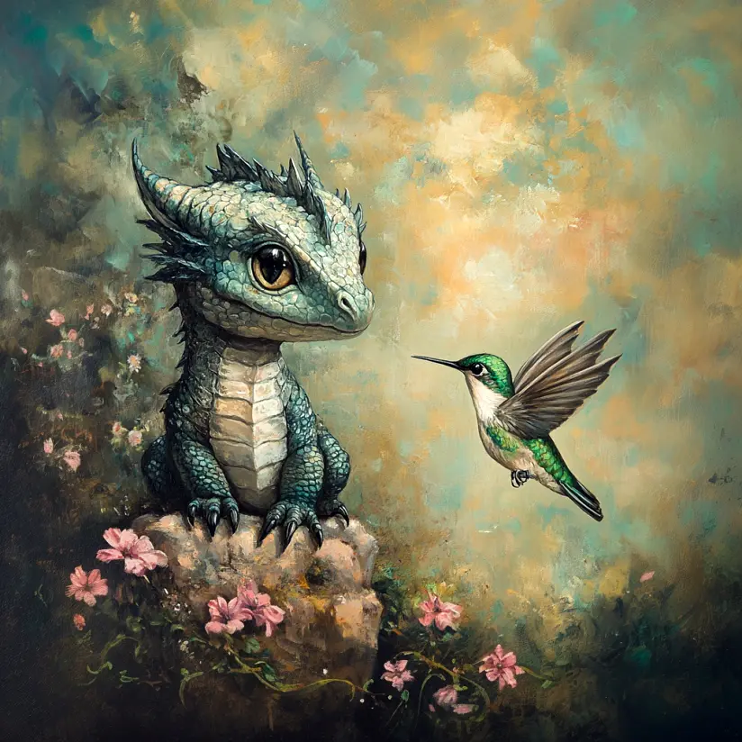 Graphic Digital Art, Hummingbird, Dragon, Baby Dragon And Hummingbird, Birds