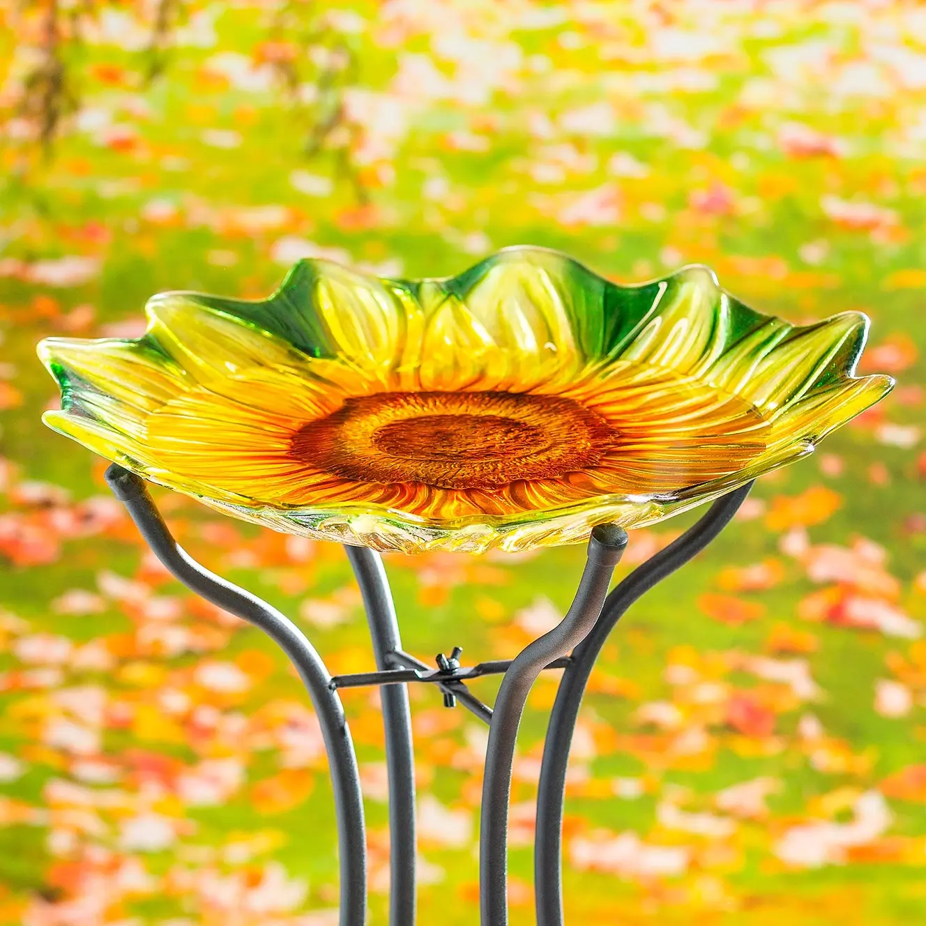 18" Hand Painted and Embossed Shaped Bird Bath, Sunflower