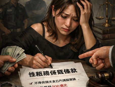 畫面呈現一名神情崩潰、眼眶泛紅的定點茶工作者在桌前簽署文件；周遭出現指向條款的手勢、手銬、法槌與陰影中的執法人員意象，象徵「以契約封口」與「法律威嚇」的交疊。整體氛圍壓迫、冷峻，凸顯在權力不對等下，當事人被迫在恐懼與生存之間做出選擇。她的筆尖停留在紙面上，像被迫替自己的沉默簽名。桌上的手銬與法槌並列，提醒這不是普通的「保密」，而是把求助與發聲變成違約風險的封鎖。背後模糊的人影象徵制度的冷視與社會的偏見：即使條款可能站不住腳，恐嚇與高成本仍足以讓人不敢踏進報案與救濟程序。這張圖所描繪的不是單一事件，而是一種「以文件代替暴力」的控制結構——讓法律的入口看似存在，卻在現實中被關上。