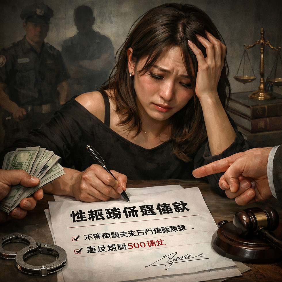 畫面呈現一名神情崩潰、眼眶泛紅的定點茶工作者在桌前簽署文件;周遭出現指向條款的手勢、手銬、法槌與陰影中的執法人員意象,象徵「以契約封口」與「法律威嚇」的交疊。整體氛圍壓迫、冷峻,凸顯在權力不對等下,當事人被迫在恐懼與生存之間做出選擇。她的筆尖停留在紙面上,像被迫替自己的沉默簽名。桌上的手銬與法槌並列,提醒這不是普通的「保密」,而是把求助與發聲變成違約風險的封鎖。背後模糊的人影象徵制度的冷視與社會的偏見:即使條款可能站不住腳,恐嚇與高成本仍足以讓人不敢踏進報案與救濟程序。這張圖所描繪的不是單一事件,而是一種「以文件代替暴力」的控制結構——讓法律的入口看似存在,卻在現實中被關上。