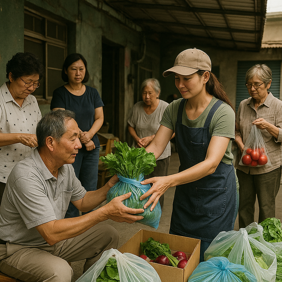 傍晚時分的老社區裡,定點茶女穿著圍裙與居民一同整理蔬菜、分送食材,象徵從業者與社區間的合作與信任關係。在這張畫面裡,沒有道德審判,也沒有隱喻的距離。那位原本被排斥的女性,透過真實的勞動與溫柔的互動,重新進入社區的公共空間。她的微笑與居民的回應,成為「敵意消解」最具體的象徵——一種由下而上的社會修復力量。