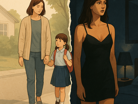 畫面分成兩半,一側是母親牽著孩子走向校門的日間場景,另一側是夜晚模糊的女性身影,形成鮮明對比。象徵定點茶工作者如何在日常家庭與隱藏的職業世界間維持「兩個世界」的切割。