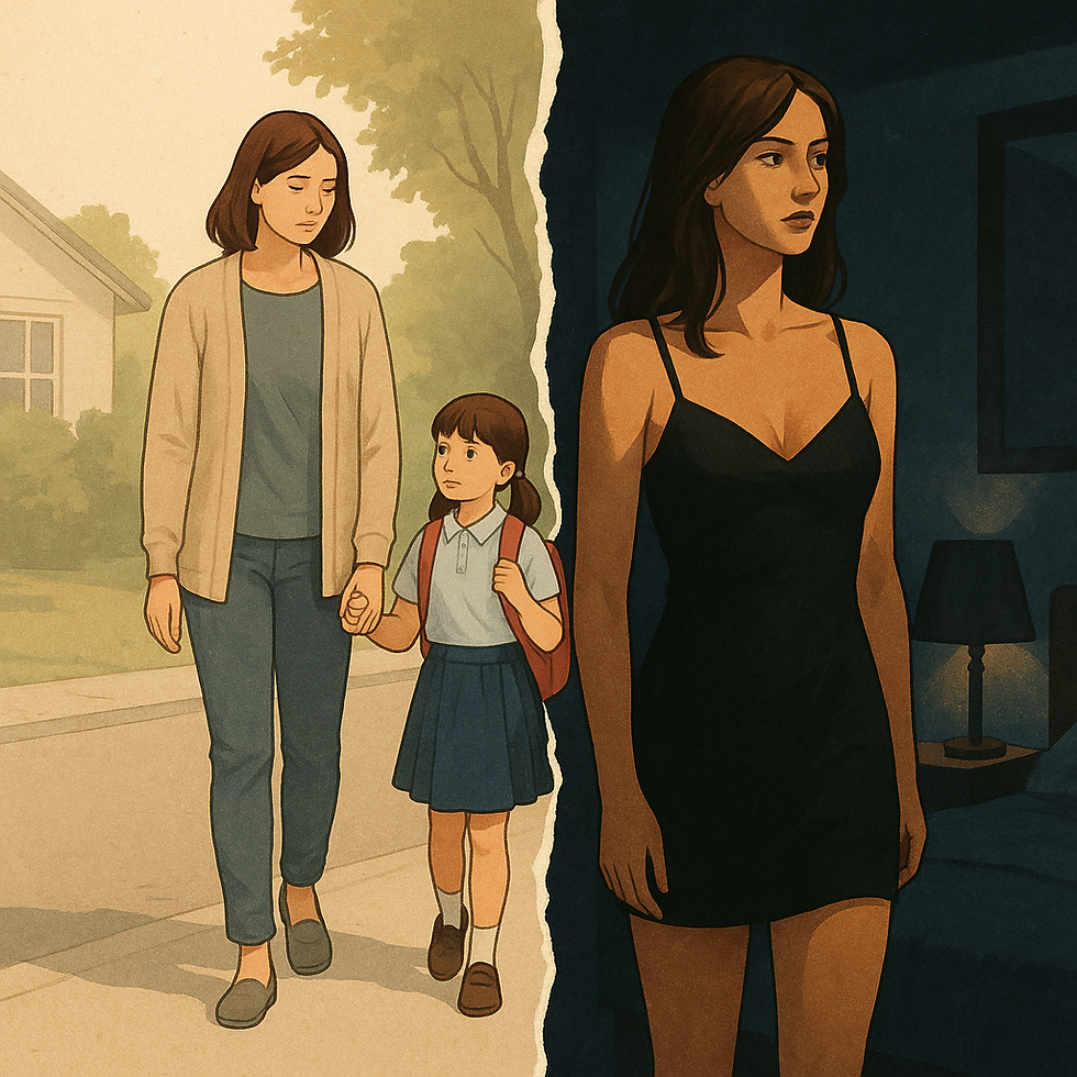 畫面分成兩半,一側是母親牽著孩子走向校門的日間場景,另一側是夜晚模糊的女性身影,形成鮮明對比。象徵定點茶工作者如何在日常家庭與隱藏的職業世界間維持「兩個世界」的切割。