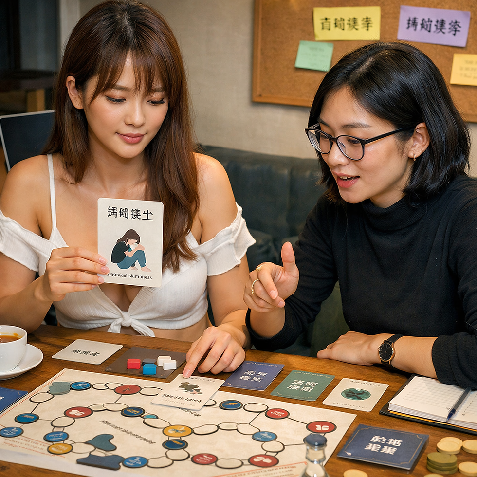 畫面呈現兩位援交女性於室內溫暖光源下,透過「情緒自覺遊戲」的實體桌遊進行對話與引導。桌面上可見情緒卡、路徑式版圖與象徵性道具,象徵把抽象感受拆解成可辨識、可討論、可練習的步驟。整體氛圍安定、專注,強調同儕支持與共同設計帶來的修復感。她們不是在「被診斷」,而是在練習把情緒重新命名:把麻木、警戒、疲憊、混亂,從心裡一團霧,變成桌上一張張可拿起、可放下的卡。引導者用平穩的語氣指向版圖上的節點,像是在說:你可以選擇停在這裡,也可以慢慢走到下一步。這一刻,心理修復不再是孤單的自我承受,而是一種被看見、被陪伴、被允許反覆練習的過程。