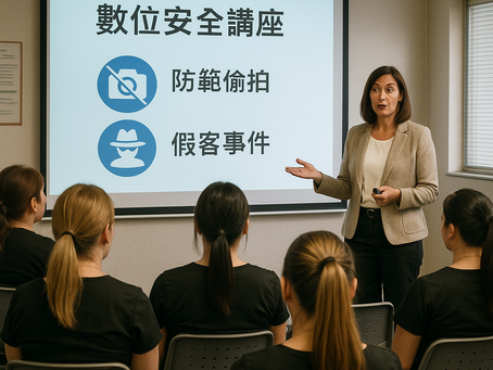 定點茶站室內教室情境，投影布幕上以大字呈現「數位安全講座」，並列出兩個重點：「防範偷拍」「假客事件」。講師著米色外套、手持簡報器，面向整齊就座的學員；畫面左側可見多名穿著深色上衣的員工由後方入鏡，形成講授式課堂的正面構圖。講師正在說明巡檢與去升級話術的流程，投影片上的圖示是「相機禁用符號」與「偽裝人物」。她示範如何於接待前完成5分鐘空間巡檢，並以標準句型要求來賓配合例行檢查；學員專注聆聽並做筆記，準備進入稍後的情境演練。