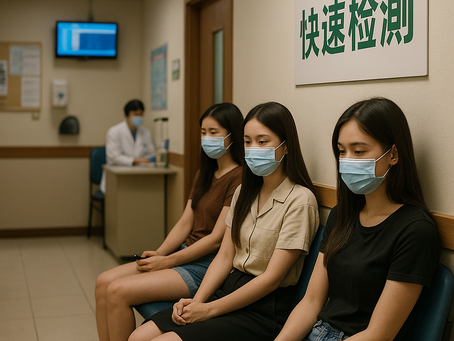 一間低調小診所的候診區,牆上有「快速檢測」標語,幾位年輕女性戴著口罩安靜等待。畫面呈現外送茶女在匿名醫療空間中接受快篩前的等待氛圍,展現職業隱密性與健康檢測的重要性。