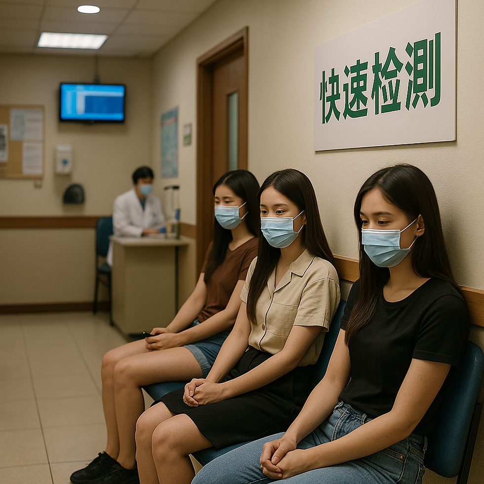 一間低調小診所的候診區,牆上有「快速檢測」標語,幾位年輕女性戴著口罩安靜等待。畫面呈現外送茶女在匿名醫療空間中接受快篩前的等待氛圍,展現職業隱密性與健康檢測的重要性。