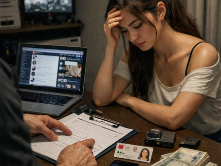 畫面呈現一名年輕女性在昏暗空間中面對文件與要求，神情焦慮、以手扶額；桌面上可見身分證件、手機、筆電與監視設備等象徵性物件，暗示在定點茶站的內部管理情境中，個人資料與私密生活資訊被要求交付與檢視，形成強烈的監控與壓迫氛圍，凸顯人格權與隱私權可能遭侵害的處境。在沉默而緊繃的房間裡，女性被迫把目光停留在一張張規範表單上，彷彿每一格欄位都要求她交出更多「不該被索取」的私人細節；桌面散落的證件、通訊工具與監視器材，象徵定點茶站以安全或管理為名，將私密生活轉化為可被盤點、可被控制的資源。她的疲憊與不安，映照出當定點茶內部規範跨越必要界線時，從業者可能面臨的隱私外洩、威脅控制與人格權受損風險，也呼應文章所討論的法律救濟與制度性保障需求。