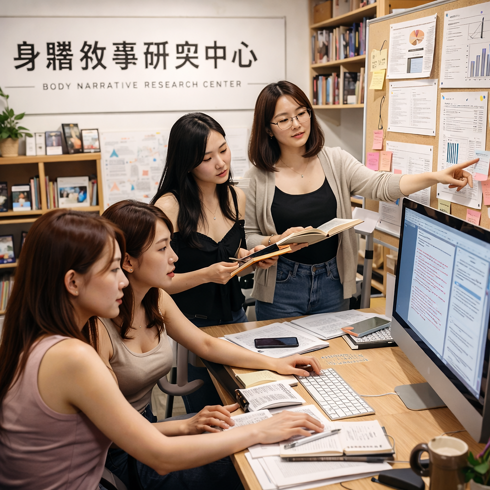 畫面呈現研究中心內部的資料整理與分析場景。多名成員分工合作,有人操作電腦進行文本標註與編碼,有人對照筆記與原始敘事資料,有人指向佈告板上的圖表、流程圖與便利貼,顯示研究正處於理論建構與資料交叉檢視的階段。背景書架與牆面文件象徵長期累積的知識庫,也暗示外送茶經驗正被系統性地轉化為可研究、可保存的學術材料。這張寫實圖片將外送茶工作者成立「身體敘事研究中心」的另一個面向具象化:不再是公開對話或集體分享,而是進入高度專業化的資料處理流程。外送茶在此不只是敘事來源,而是研究主體本身——透過文本分析、經驗編碼與視覺化整理,把原本被視為私密、零散甚至難以言說的工作經驗,轉化為具有分析框架的知識結構。畫面中電腦螢幕、圖表與手寫筆記形成一種「知識工廠」的隱喻,象徵外送茶行業知識正被重新組裝、重新命名,並逐步取得進入學術與公共政策討論空間的可能性。