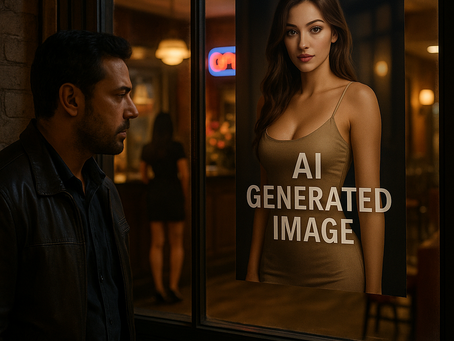 畫面呈現一名男性在夜色中注視店門玻璃上貼著「AI GENERATED IMAGE」的女子海報,他神情複雜,象徵對真實與虛構的困惑與失落。背景的燈光溫暖卻模糊,隱喻定點茶站的真實性正被AI技術侵蝕。這張寫實風格的影像描繪了AI生成假照滲入定點茶產業的瞬間,人與影像之間的信任邊界正在崩解。男子的凝視代表整個社會面對AI造假的迷惘與焦慮,而玻璃反光則象徵透明卻破碎的信任體系。