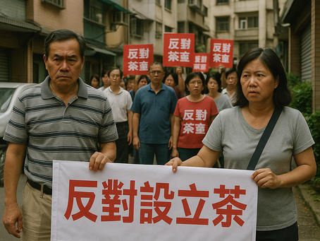 居民走上街頭,舉著「反對設立茶室」的布條與標語,表情嚴肅,展現出社區團結反對的立場。這張圖片呈現出定點茶場所存在所引發的社區反彈壓力,象徵居民對於環境、治安與價值觀的強烈關切,亦凸顯業者必須尋求其他方式緩解矛盾。