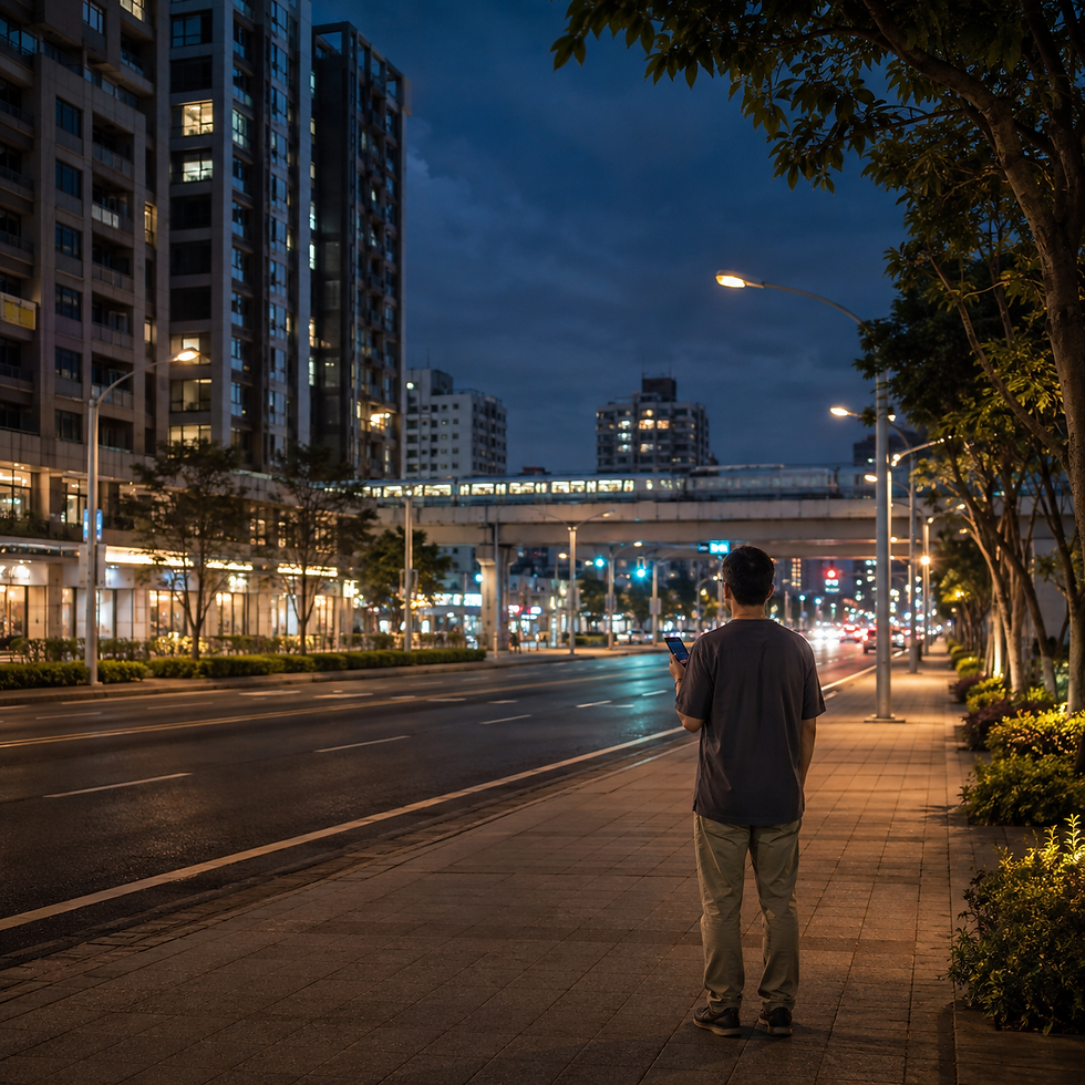 高雄市楠梓區夜間都會道路、捷運高架與住宅街景,一名成年民眾在街道旁查看手機,呈現閱讀楠梓外送茶與楠梓定點茶資訊時保持查證與風險意識的情境。藍調夜色下的北高雄街景結合捷運、住宅建築與寬闊道路,畫面中的成年人物以手機查閱資訊,呼應「高雄市楠梓區外送茶定點茶資訊整理」所強調的在地辨識、資訊安全、隱私保護與理性查證。