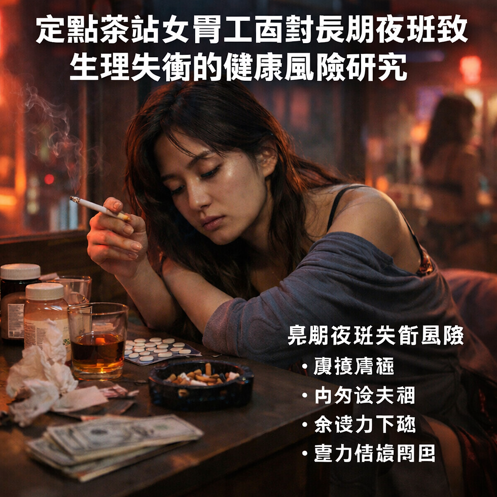 畫面以偏紅的霓虹光源與室內陰影營造夜間壓迫感:定點茶站女員伏在桌面、神情倦怠,周邊物件呈現「提神—緩解—再提神」的疲勞迴圈暗示。影像上方標示研究題名,下方列出長期夜班造成的主要健康風險,凸顯夜班不只是作息顛倒,更可能伴隨心理壓力、身體修復不足與免疫下降等連鎖效應。這張圖像是一份「長期夜班的現場切片」:霓虹光與陰影交錯,象徵夜班者在清醒與崩潰邊界間游走。女員工的眼神與姿勢呈現情緒耗竭與反應遲鈍的狀態,暗示長期睡眠碎片化會讓人逐漸失去恢復力,並將壓力轉化為身體症狀。風險條列如同研究結論,將畫面情緒與健康指標連結起來:當睡眠被剝奪成常態,內分泌與免疫系統也會被迫以「透支」方式維持運作,最終造成身心全面性的失衡。