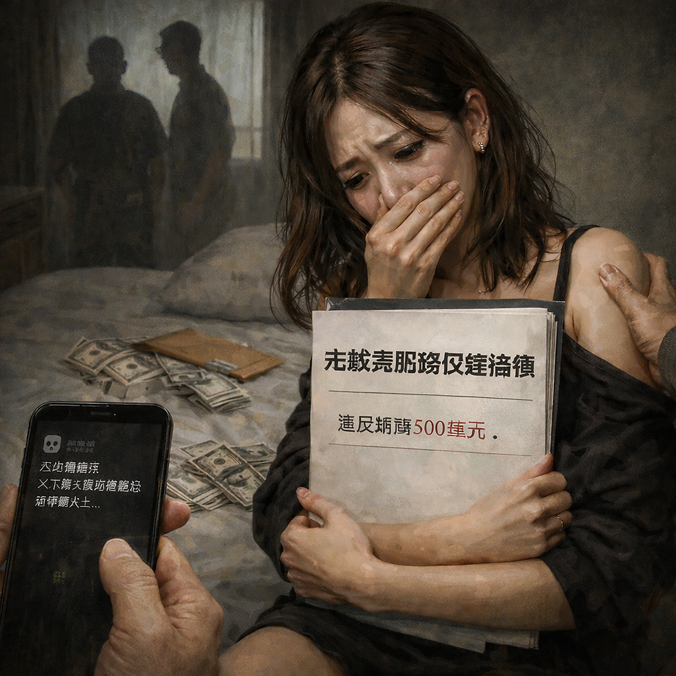 畫面中，一名神情驚恐、含淚的定點茶工作者抱緊標示為「定點茶服務保密條款」的文件坐在床邊；床上散落紙鈔、手機螢幕出現威脅訊息，背後有兩名模糊人影，右側一隻手緊抓她的肩臂，形成強烈的身體壓迫感。整體光線陰暗、氛圍緊繃，象徵「保密」不只是文件，而是一套由恐嚇與控制支撐的沉默機制。她把文件抱在胸前，像抱著一個會爆炸的秘密——不是因為她願意保密，而是因為她被迫相信「說出口就會付出更大代價」。手機上的威脅、床上的現金、背後的人影與抓住手臂的力道，連成一條清晰的控制鏈：用金錢綁住、用恐嚇逼退、用曝光威脅封口，最後讓求助變成「風險更高的選項」。這張圖把第一張的「簽署瞬間」拉長成「日常困局」：即便法律上可能有救濟途徑，當事人在現實裡仍被關在一個不敢報案、不敢求醫、不敢說明真相的房間裡，司法漏洞於是以沉默的形式被完成。