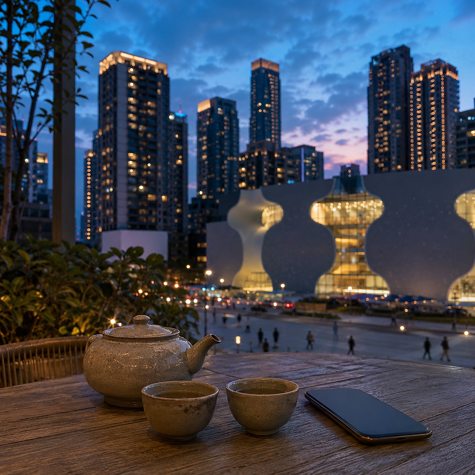 以台中市西屯區七期都市天際線、曲線建築、夜間街景、茶壺、茶杯與手機組成寫實風格畫面,呈現西屯區外送茶、定點茶資訊查核、城市生活圈觀察與個人隱私保護主題。西屯區都會夜景映照現代建築與繁華街道,前景木桌上的茶壺、茶杯及手機象徵台中市西屯區外送茶與定點茶資訊搜尋、數位安全、地區辨識與風險防範。