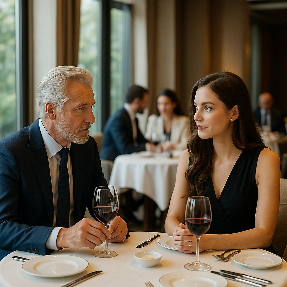 說明:描繪一位成熟男性與年輕女性於白天高級餐廳中對談,氛圍安靜而優雅。這張圖片展現了包養平台「高端約會」行銷策略中的核心場景:從單純的金錢交換,轉化為強調品味與質感的雙方互動,象徵平台正走向「生活美學」與「身份象徵」的再定位。