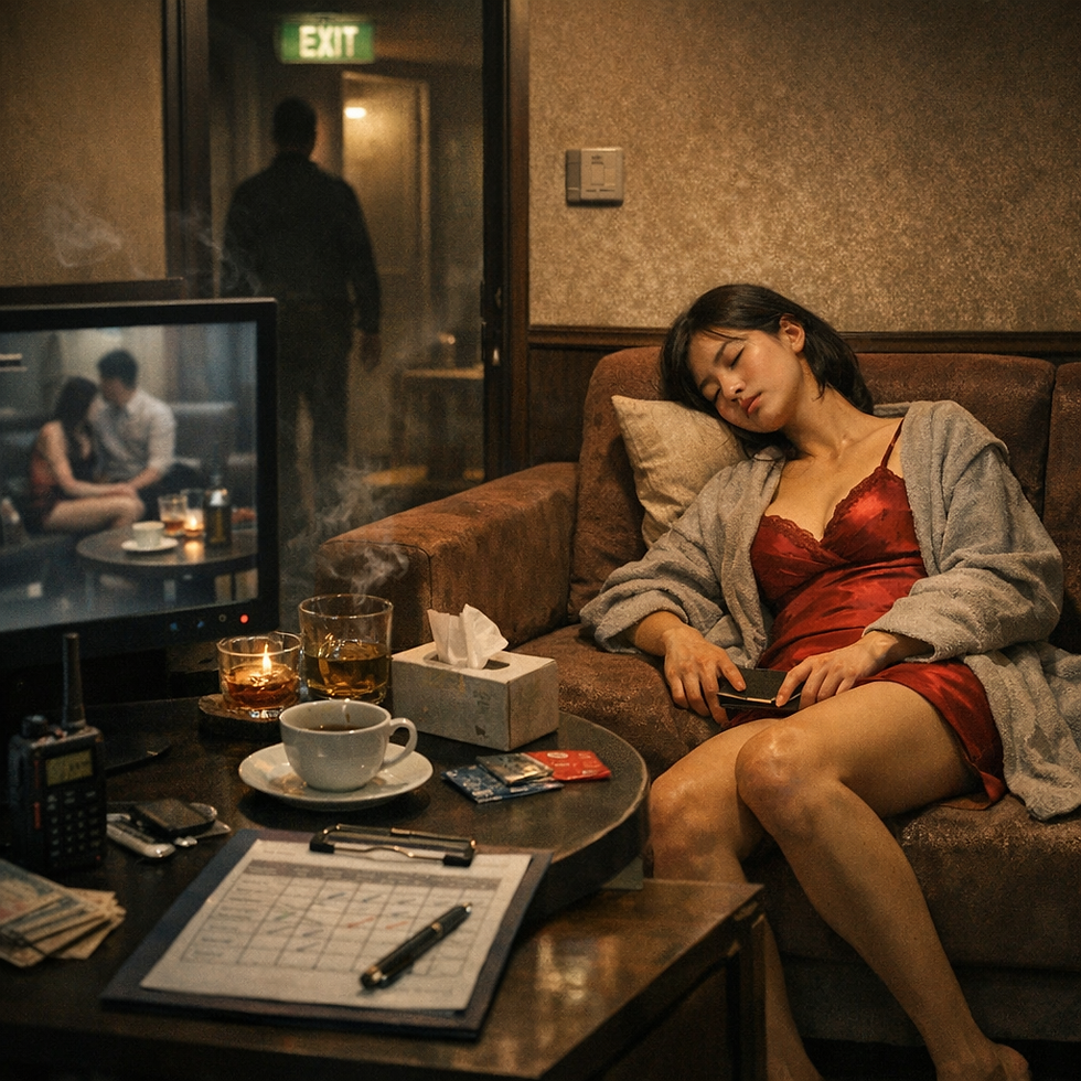 畫面呈現一名定點茶工作者在室內休息區沙發上短暫入睡的情境，周圍可見工作相關物件與監控設備，形成工作與休息交錯的氛圍。場景透過昏暖燈光與背景出口標示，象徵在高壓服務環境中，個人對休息與安全出口的需求，呼應文章中對休息權與拒絕權制度化保障的討論。影像以寫實風格捕捉一段安靜卻帶有張力的瞬間：人物斜靠在沙發上閉眼休息，手中仍握著手機，顯示其仍處於半待命狀態。桌面上散落的飲品、紀錄表與通訊設備暗示工作節奏尚未真正停止；一旁螢幕的模糊畫面與遠方出口光源，形成「監控」與「離開可能性」的視覺對比。整體構圖強調「休息並非完全離開工作」，而是一種在壓力體系中爭取喘息的狀態。畫面氣氛帶有疲憊、警覺與暫時放鬆並存的感受，象徵當休息權缺乏制度保障時，個人的休息往往只能以片段與不穩定的形式存在，也凸顯建立最低安全底線的重要性。