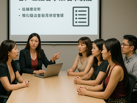 圖中顯示多位外送茶工作者與平台管理者在會議室共同討論「客戶騷擾警示黑名單制度」,投影螢幕上呈現制度重點,氣氛專業而凝重。這幅畫面象徵產業內部的自救力量,透過制度化與資訊共享,讓安全防護不再只是個人責任,而是集體共識的具體實踐。